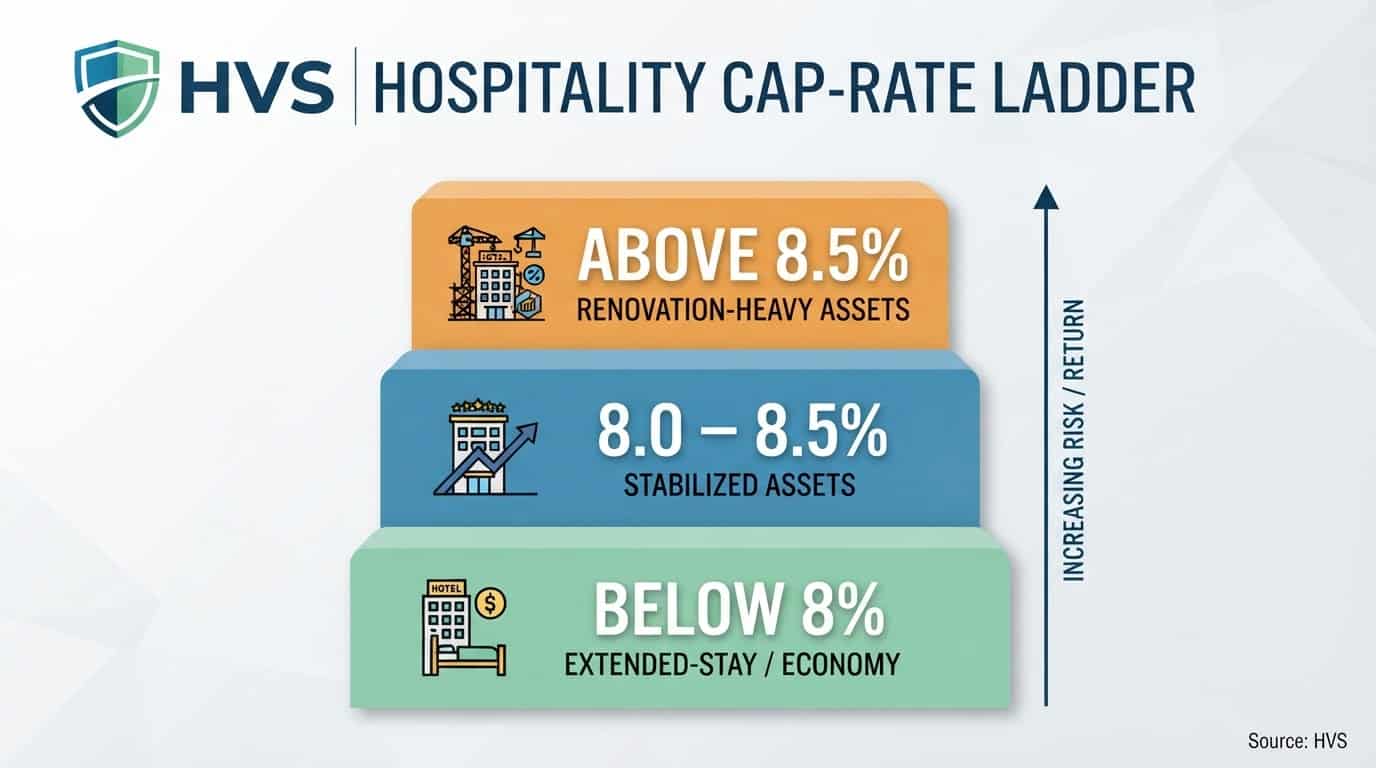 Branded graphic showing the cap-rate ladder — extended-stayeconomy below 8%, stabilized 8.0–8.5% renovation-heavy assets above — sourced to HVS